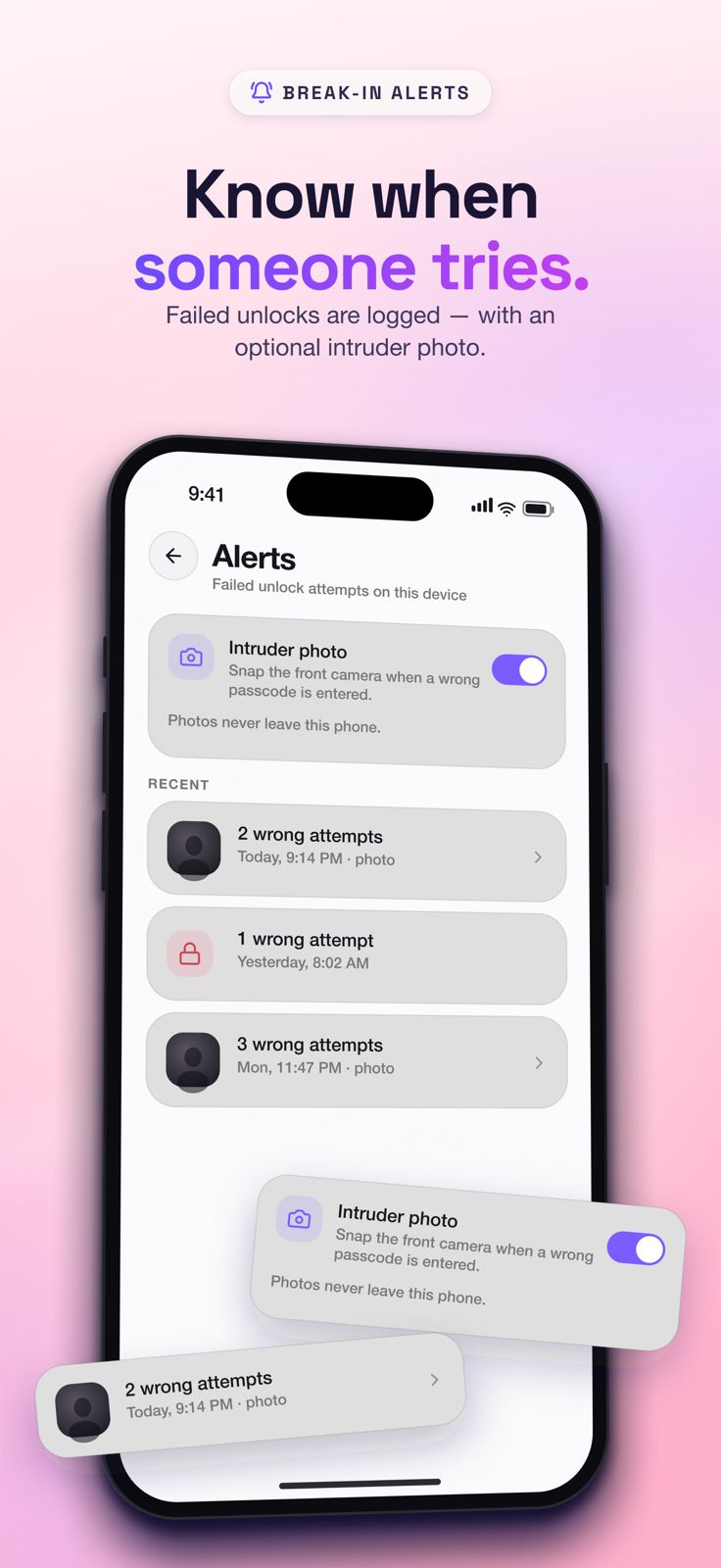 Pixo break-in alert screen