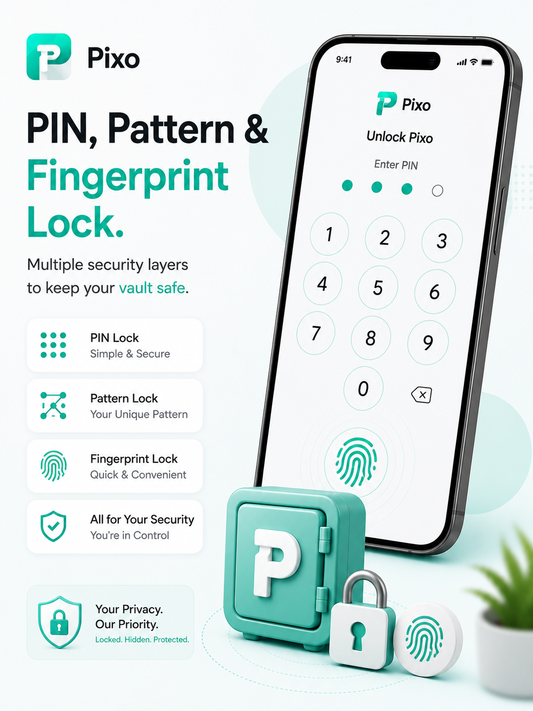 Pixo PIN pattern and fingerprint lock promotional image